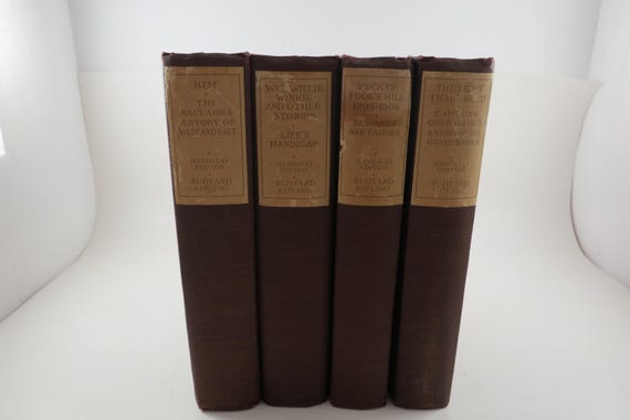 1925 Rudyard Kipling Four Volume Book Set Mandalay Edition Red Hardcover Gold Page Captain Courageous Life's Handicap Wee Willie Winkie More
