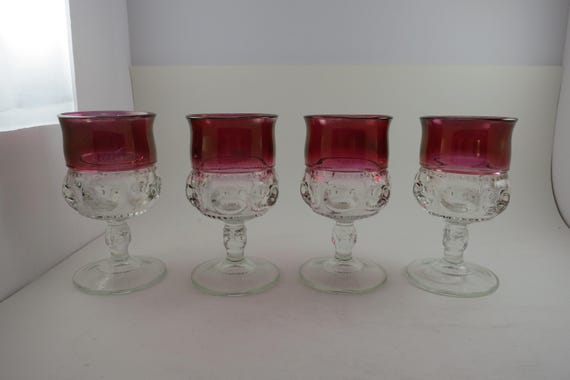 Set of Four Vintage Indiana Glass Co Cranberry Water Goblets Kings Crown 5 3/4 Inches Tall MCM Excellent Condition