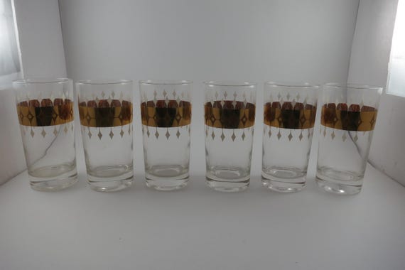 Set of Six Vintage 1960s MCM 22K Gold Band Geometric Highball Glasses Diamond Accents