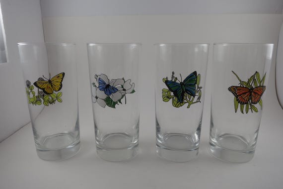 MCM Monarch Butterfly Water Glasses All Different-Set of 4