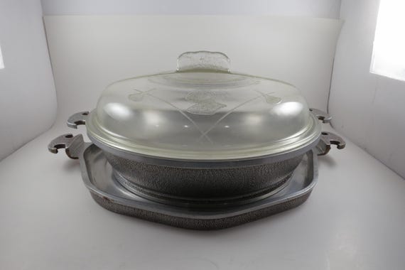 Vintage MCM Guardian Service Cookware Hammered Aluminum 3 Piece Set Tray Roaster Glass Lid