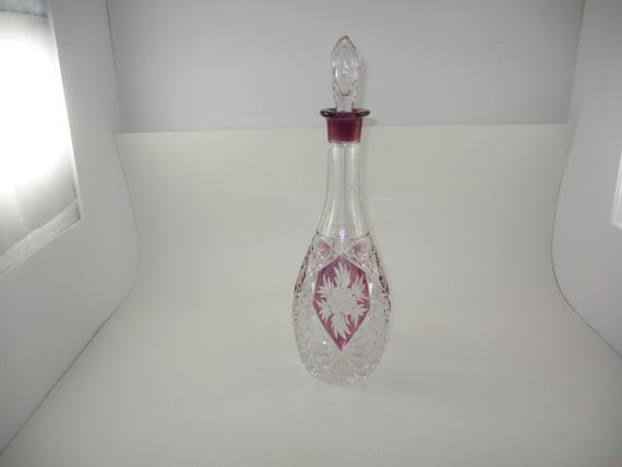 Vintage Cut to Clear Crystal Wine Decanter Unbranded 12 Inches Tall with Original Top Cranberry