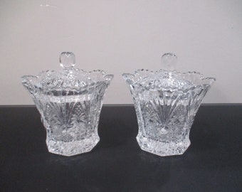 Pair Of Vintage Unbranded Pressed Glass Sugar Bowls Jam Jars with Lids Excellent Condition