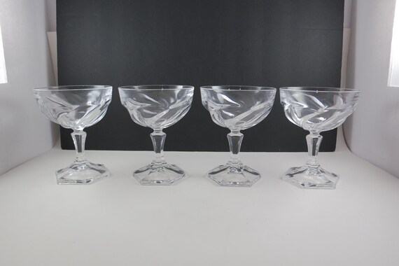 Set of Four Vintage Cristal D'Arques French Crystal Orsay Champagne Coupe Glasses Hexagon Base 5 Inches Tall Pristine Condition