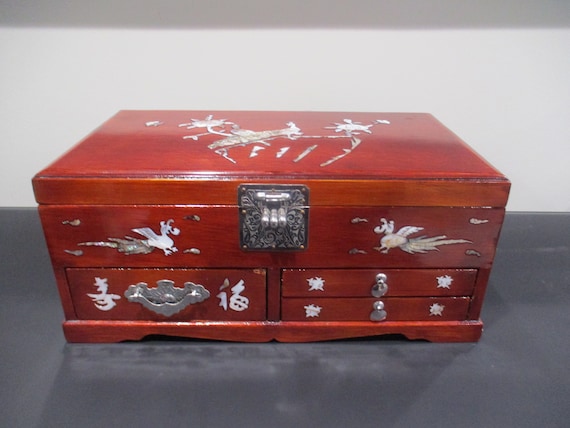 Stunning Red Wood Mother Of Pearl Inlaid Musical … - image 1