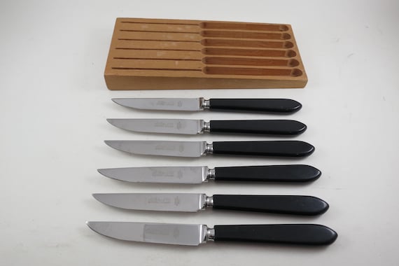 Sheffield Steak Knives Set, Stainless Steel with Bakelite Handles, Wooden Block