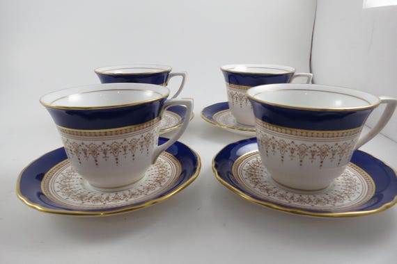 Set of Four Royal Worchester Regency Cobalt Blue Demitasse Cups and Saucers