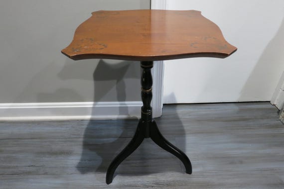 Vintage L Hitchcock Side Table Tri leg Stenciled Signed Black Base