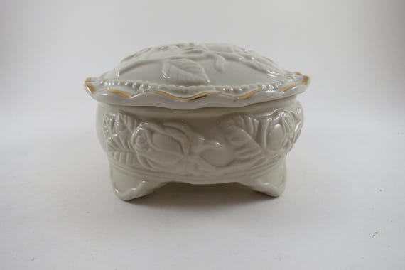 Cream Colored 2 Piece Trinket Box with Embossed Roses