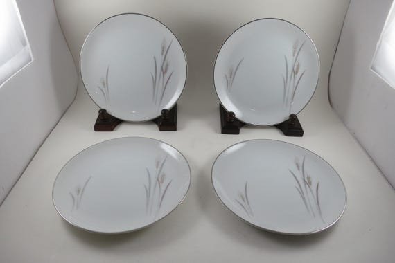 Set of 4 Vintage Platinum Wheat Salad Plates by Fine China Japan (7 5/8")