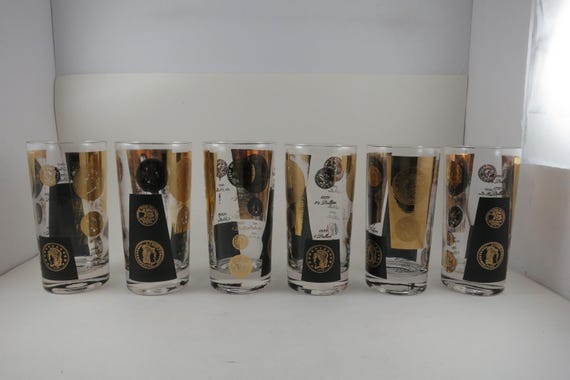 Set of Six Vintage 1960s MCM Cera Presidential Coin 22 Karat Gold Highball Glasses