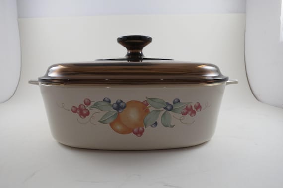 Vintage Corning Ware 2 Liter Abundance Beige Pattern Saucepan with Brown Pyrex Lid