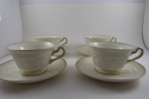 Vintage 1960's Wedgwood Patrician Athenian Gold Porcelain Set of Four Cup and Saucer Sets