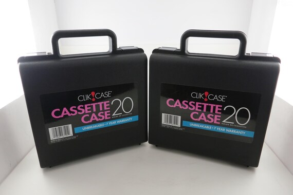 Pair of Vintage Black Click Case Cassette Carrying Case 1980's Hard Shell with Handle Holds 20 Cassettes Each 40 Total Excellent Condition