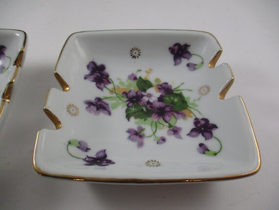 Pair of Vintage Hand Painted Marco Purple Floral Gold Trim Square Ash Trays Trinket Dishes