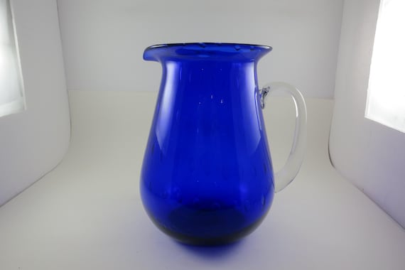 Vintage Cobalt Blue Hand Blown Water Juice Pitcher Ice Lip 9 Inches Tall