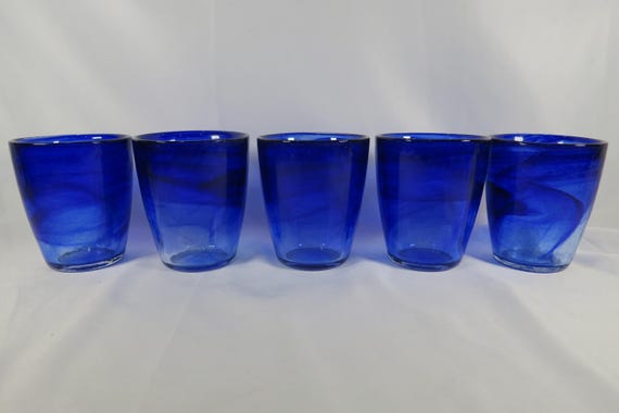 Set of 5 Vintage Heavy Cobalt Blue Swirl Glass Tumblers