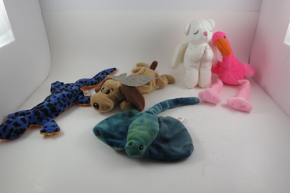 Collection of Five TY Beanie Babies Sting Pinky Lizzy Blessed Bones with Wings No Hang Tags