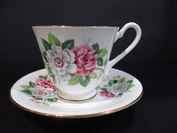 Clarence England Bone China Pink Green Floral Vintage Cup and Saucer Set Pristine Condition