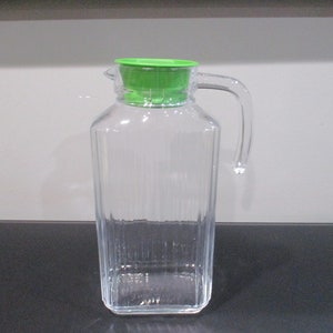 Vintage ARC France Ribbed Glass Juice/Water Jar with Original Green Lid 2 Liter Excellent Original Condition