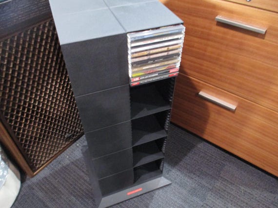 1990's Black Laserline CD Floor Tower Mega Holder Rotating Base Holds 200 CD's Regular and Oversized Excellent Condition 28 Inches Tall