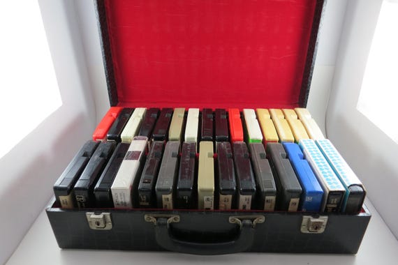 Vintage 1970's Black Faux Leather 8 Track Case with 30 Rock 8 Track Tapes Excellent Condition Black Sabbath Beatles Queen Kiss ELO Many More