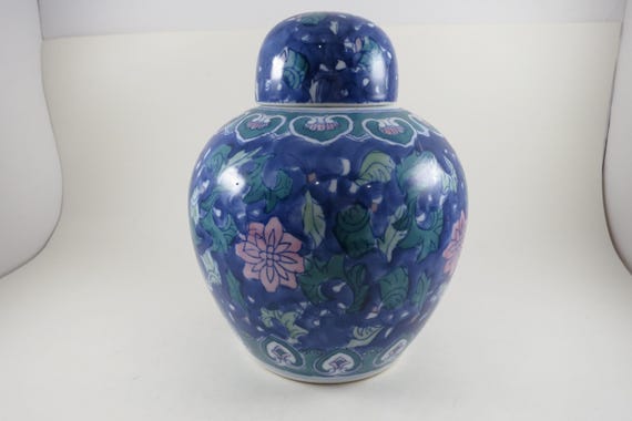 Blue Green Pink Zhongguo Zhi Zao Chinese Porcelain Ginger Jar with Original Lid
