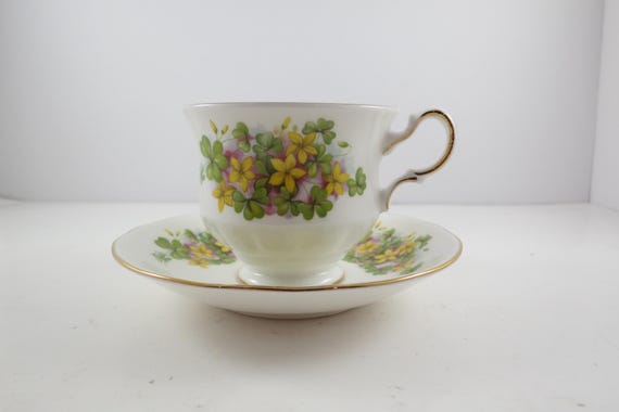Vintage Queen Anne Fine Bone China Cup and Saucer Set Yellow Flower Shamrock Footed Gold Trim Pristine Condition