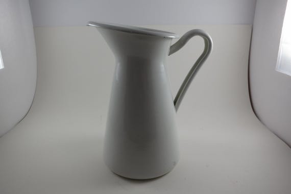 Vintage 9 Inch White Enamel Metal Pitcher with Spout Excellent Condition