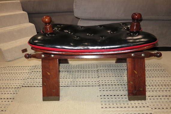 Vintage 1940's Camel Seat Saddle Stool Black & Red Leather Brass Inlays Dark Wood
