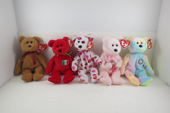 Collection of Five TY Beanie Babies Bears Osito Birthday Bear Curly Dear Kissy All MWMT