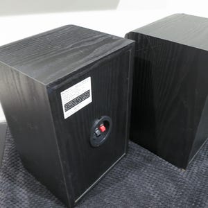 May include: Two black wooden bookshelf speakers shown from the rear angle. Each speaker features a rectangular white product information label and a circular connection terminal with one red and one black spring-loaded clip for audio wire input.