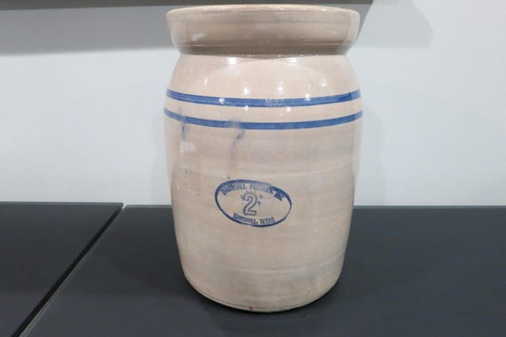 Vintage Marshall Pottery Butter Churn: Texas Blue Striped Crock, 11.25" Tall