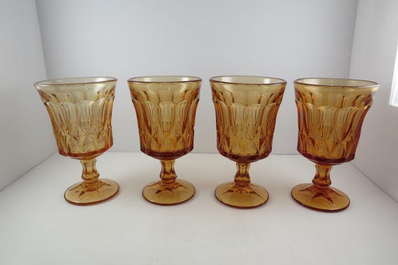 Set of Four MCM Noritake Perspective Amber Water Glasses Short Stem Diamond Pattern Excellent Condition