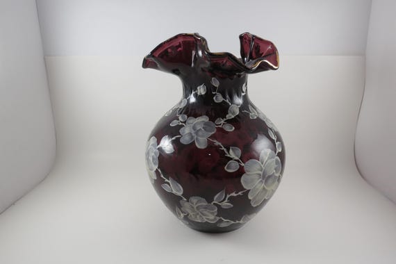 Amethyst Glass Vase: Hand-Painted White Floral Ruffled Top