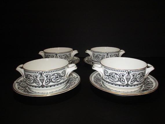 Set of Four Vintage 1966 Royal Worchester Bone China Padua Pattern Cream Soup and Saucer Sets Double Handles Excellent Original Condition