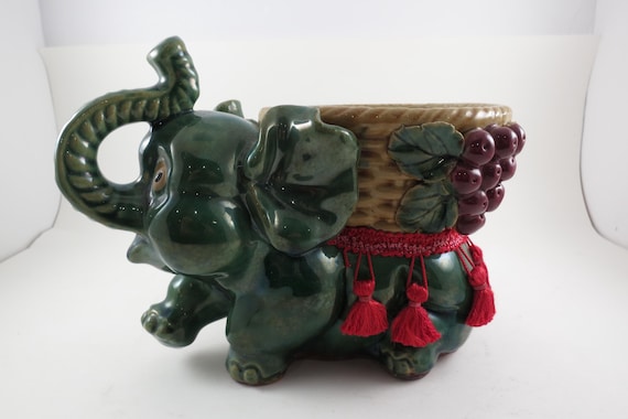 Vintage Green Elephant Planter Chinese Prosperity Highly Detailed
