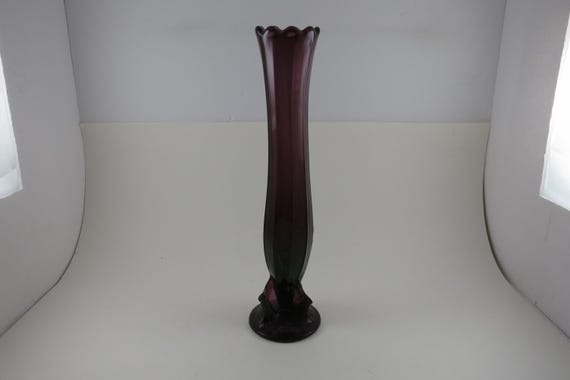Antique Dugan Black Amethyst Twig Swung Vase 11 1/2 Inches Purple Glass