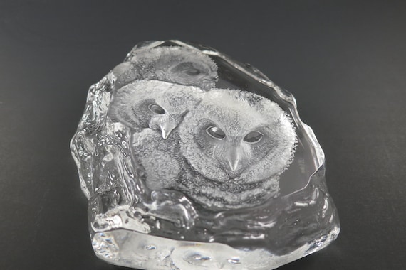 Vintage Mats Jonasson Ice Crystal Baby Owl Paperweight Pristine Original Condition