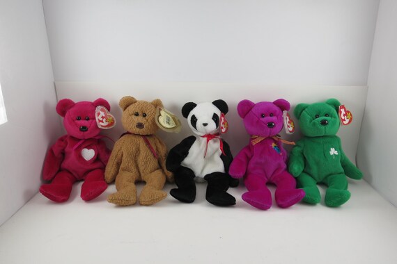 Collection of Five TY Beanie Babies Bears Curly Erin Millennium Fortune Valentina MWMT