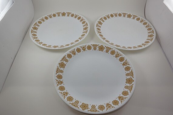 Three Vintage Corelle Butterfly Gold 10 1/4 Inch Dinner Plates Very Good Used Condition