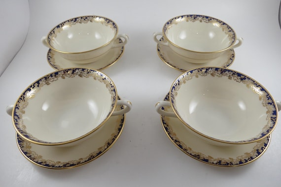 Set of 4 Vintage Lenox Oakleaf Cobalt Blue Cream Soup Bowls and Saucers