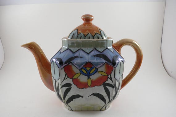 MCM Japanese Lusterware Teapot Hand Painted Floral Blue Orange Black White
