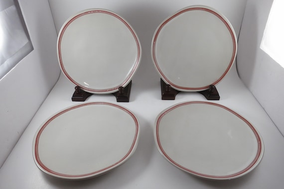 Set of 4 Hearth & Hand Magnolia Salad Plates, Irregular Shape, Red Stripe Border