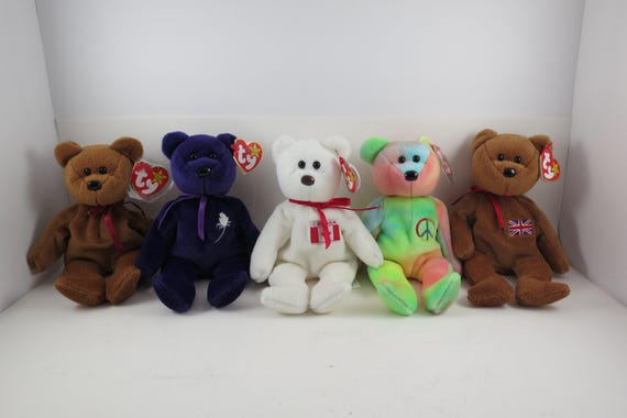 Collection of Five TY Beanie Babies Bears Britannia Peace Maple Princess Brown Teddy All MWMT