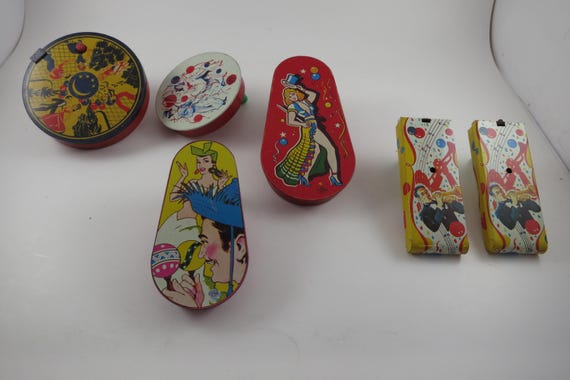 Set of 6 1950's US Metal Toy Company Party Celebration Themed Noise Makers