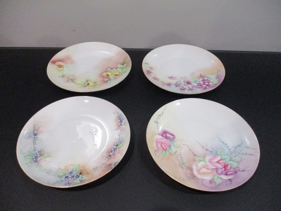 Set of Four Early 1900's Hand Painted Artist Signed Floral Plates 6 1/2 Inches All Different Beautiful Detail