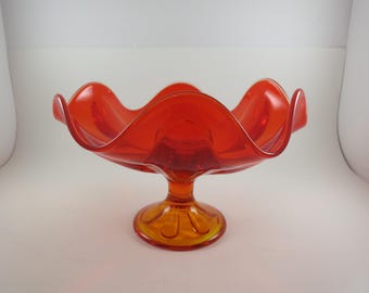 Vintage MCM Amberina Glass Compote, Persimmon Orange 6-Petal Bowl