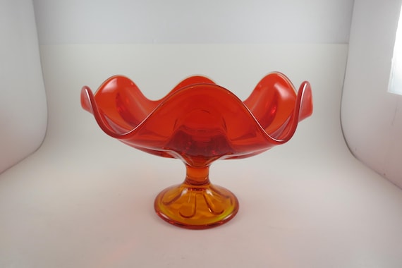 Vintage MCM Amberina Glass Compote, Persimmon Orange 6-Petal Bowl