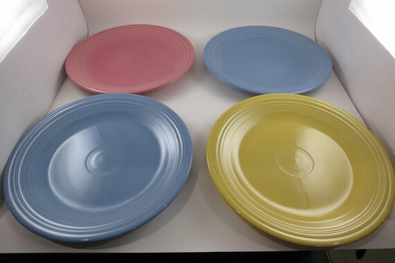Set of Four Vintage Fiesta Ware 10 1/2 Inch Dinner Plates Blue Yellow Pink